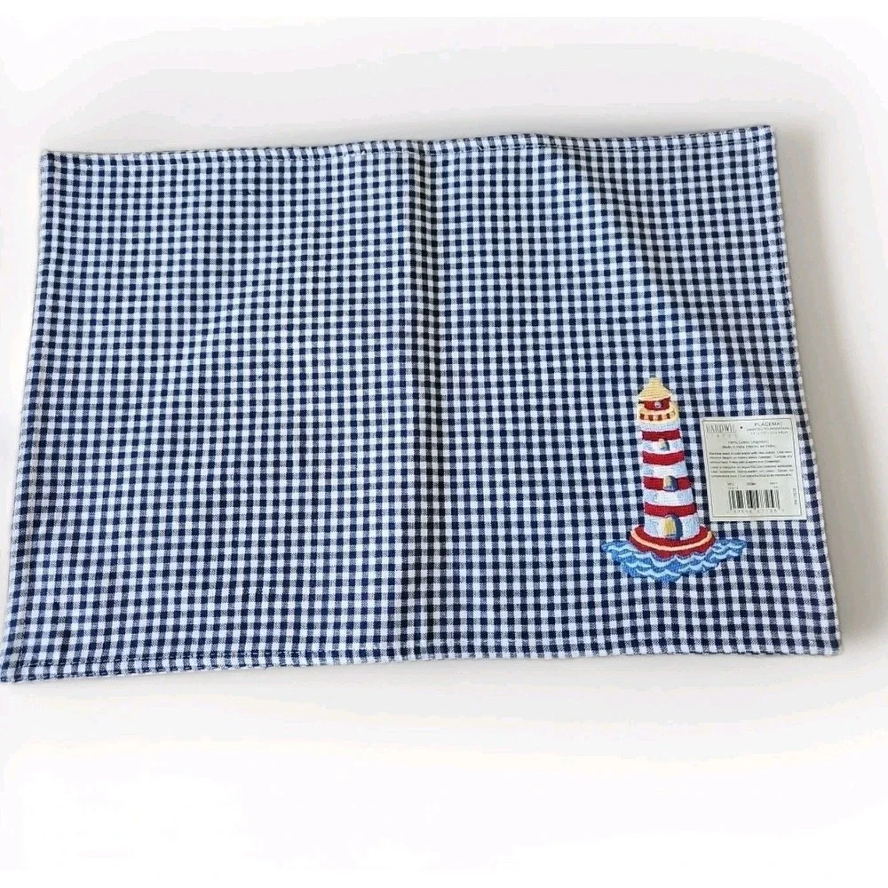 Bardwil‎ Linens Placemat Set 8 Unisex 13x19 Navy Blue Gingham Lighthouse Coastal